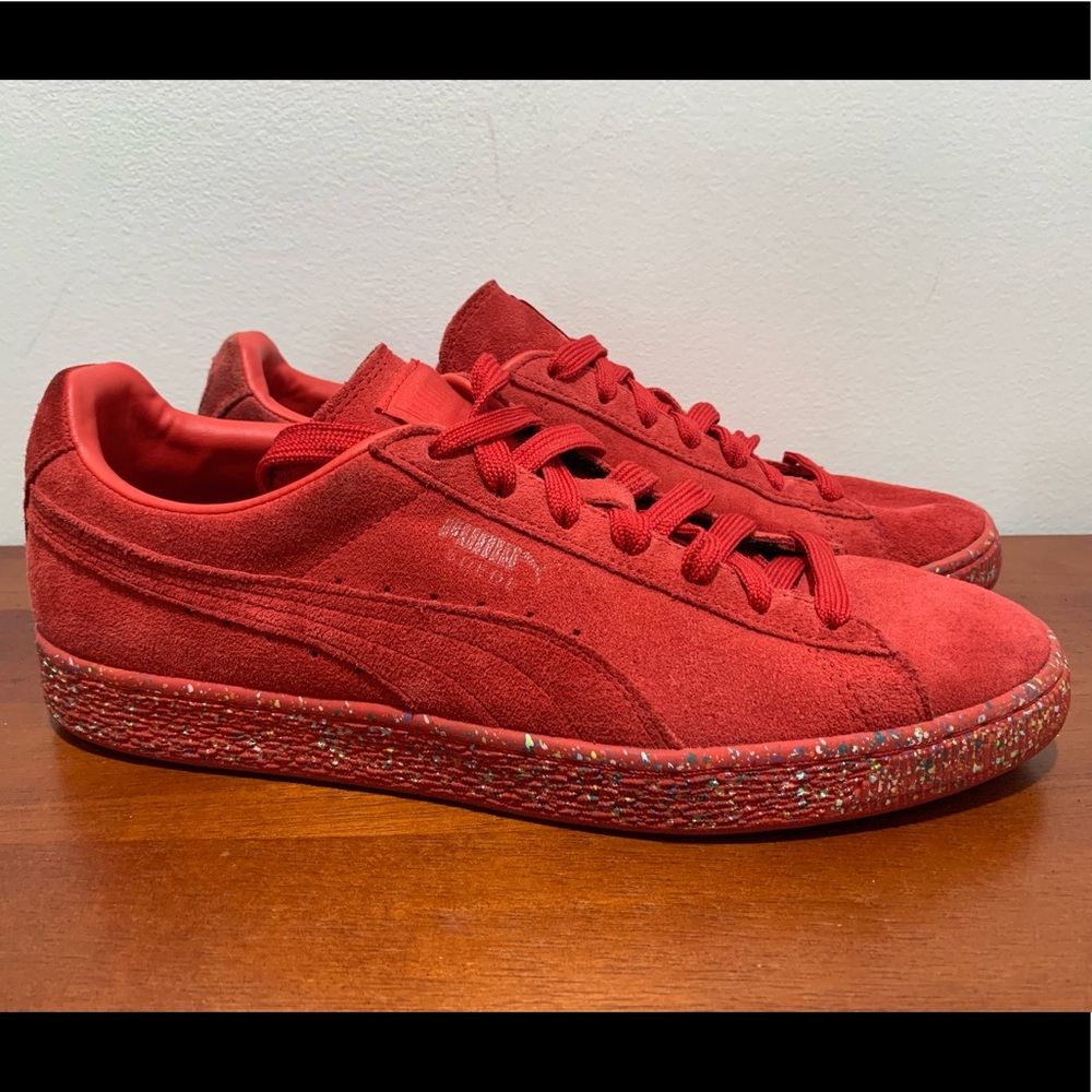 Puma Clyde red suede speckle midsole